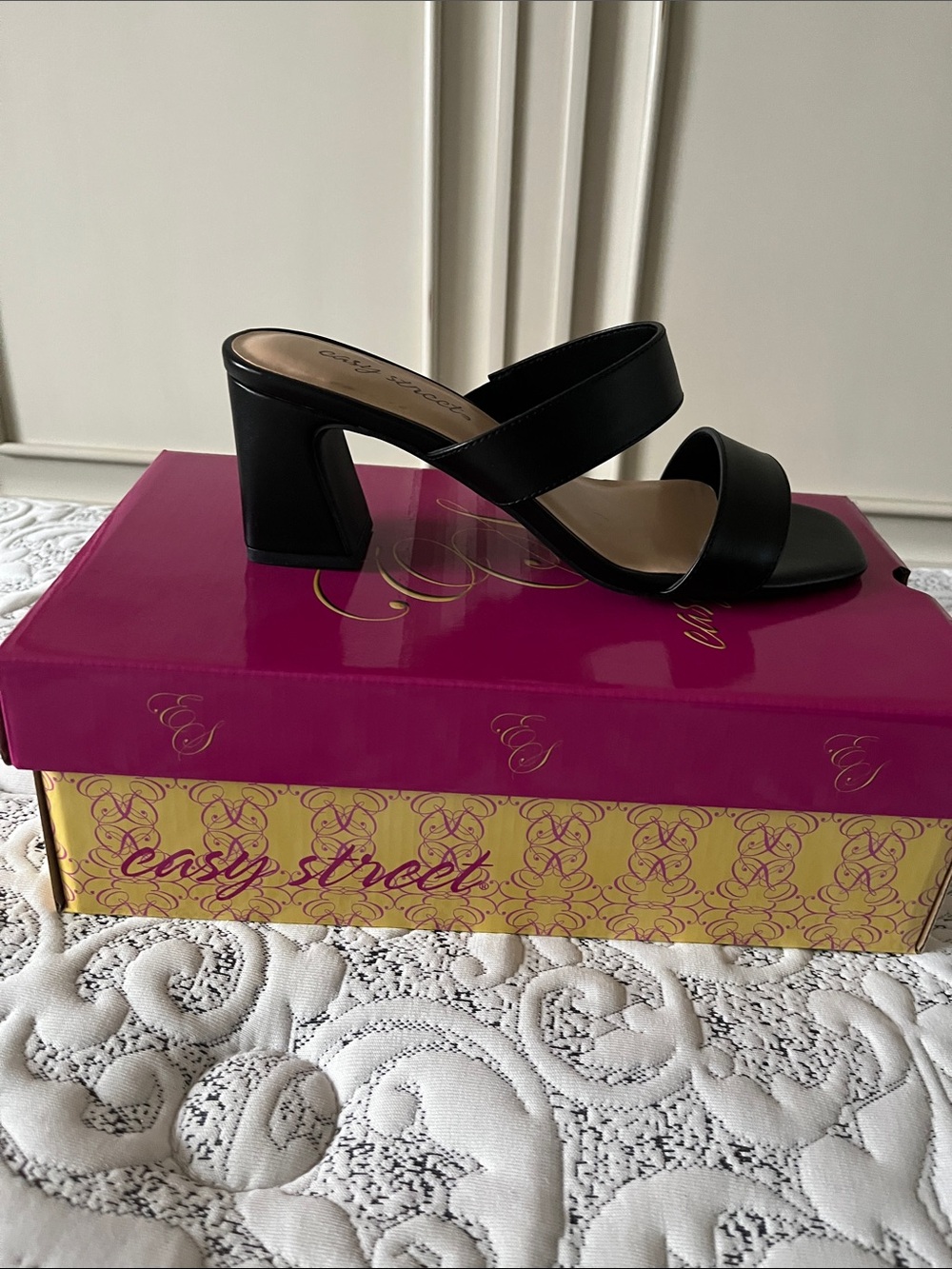 easy street Black Double-Strap Block Heel Mule